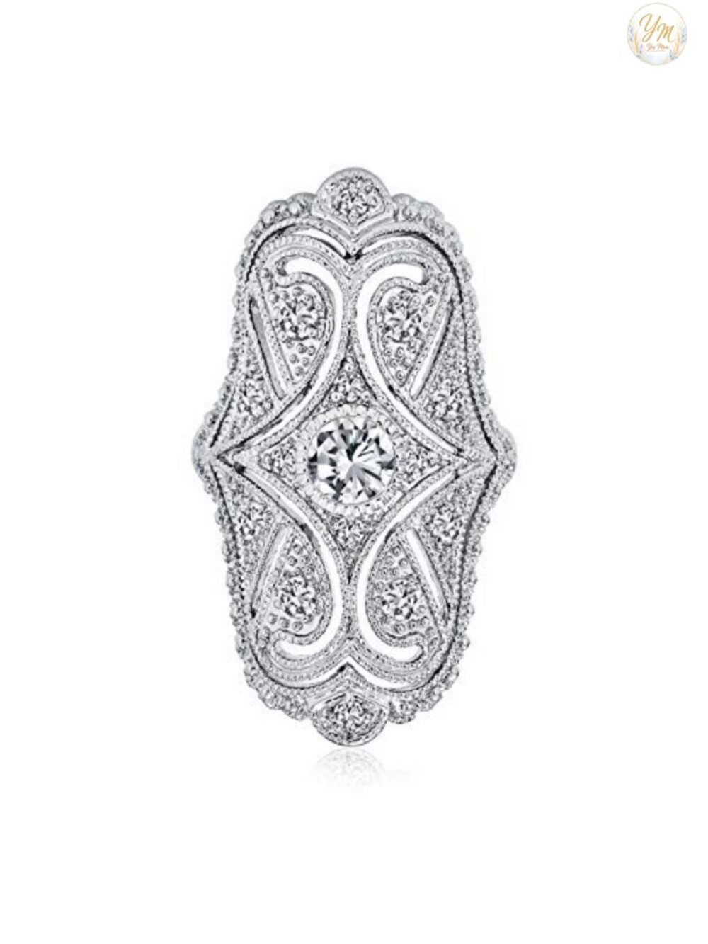 Art Deco CZ Wide Armor Full Finger Statement Ring Rhodium Plated Brass